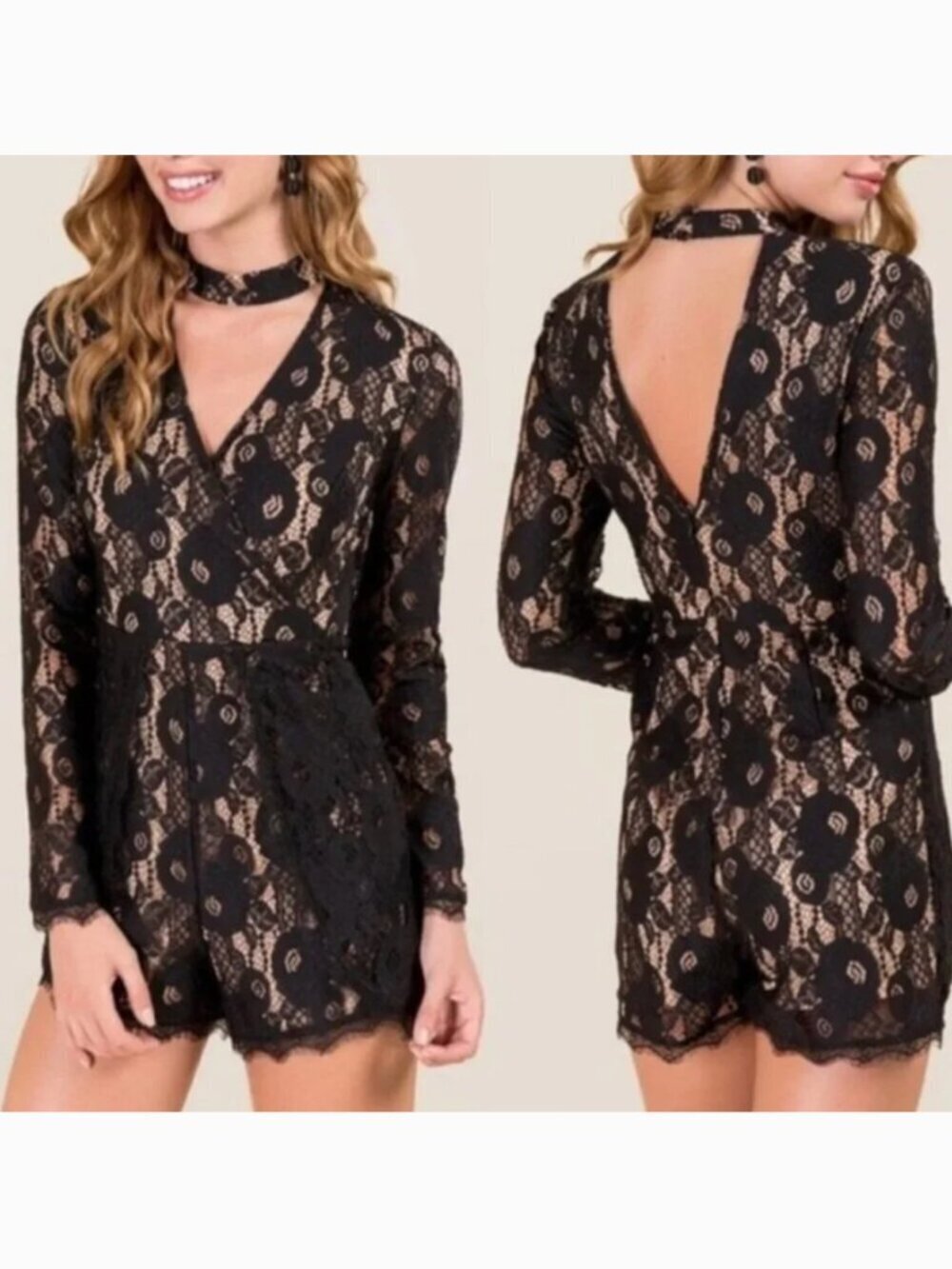 FRANCESCA’S FRANCESCAS Aura Gigi Lace Romper Black Long Sleeve Choker Boho Party
